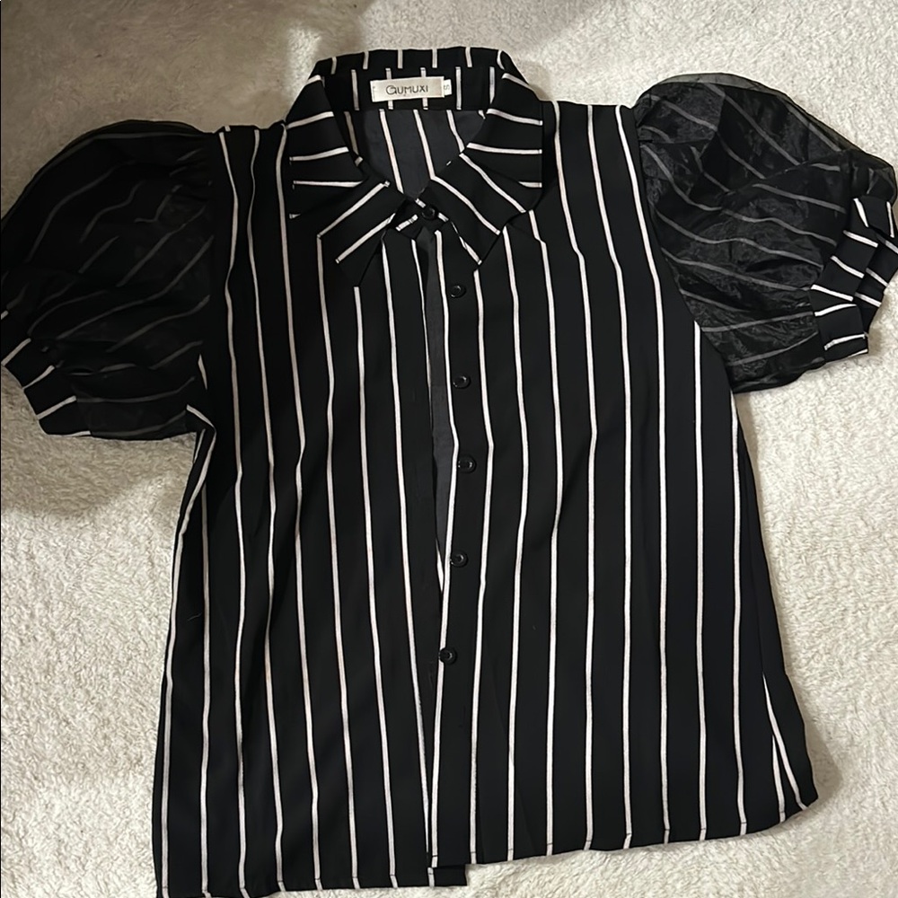 Black and White Puff Sleeve Button Down Top